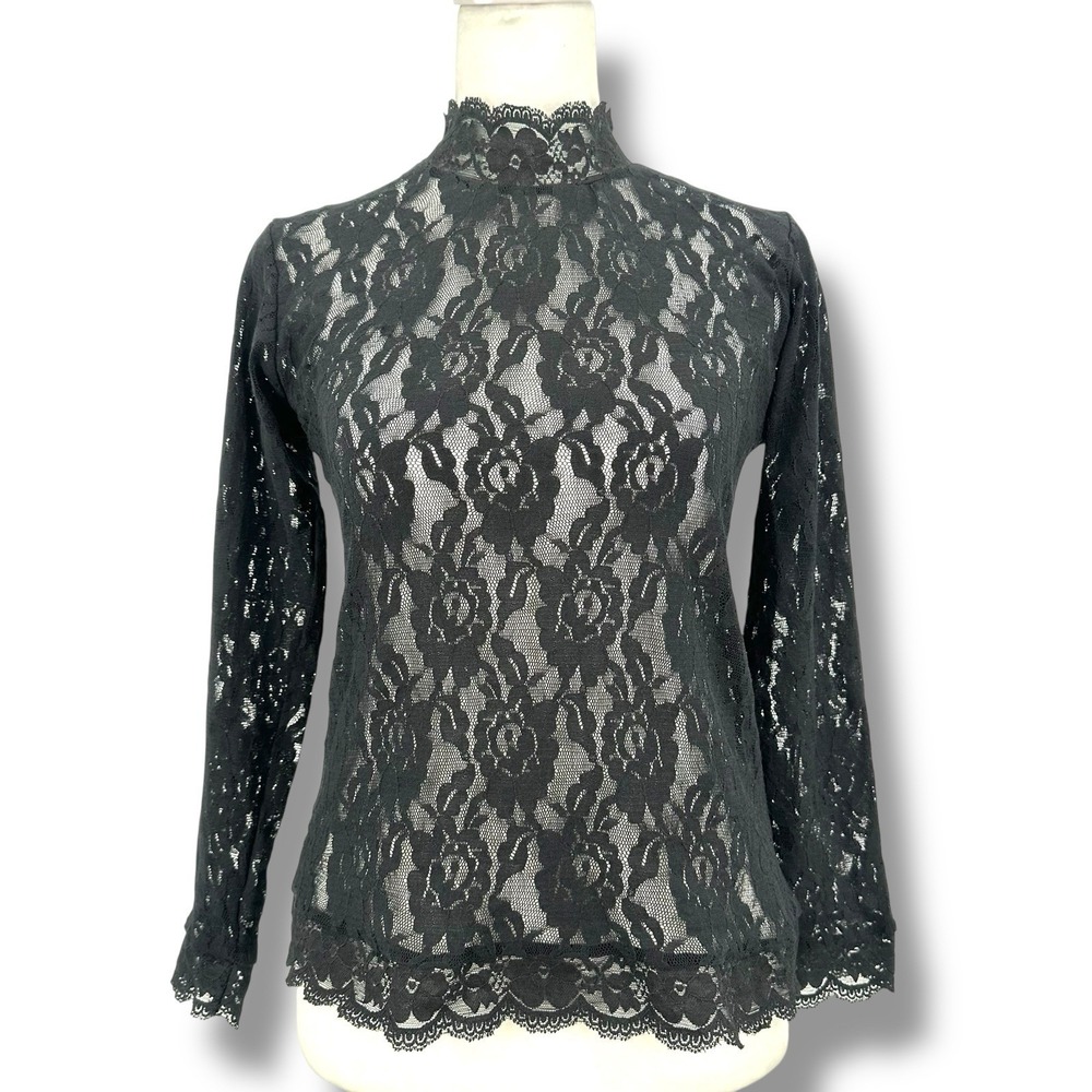 Black‎ Sheer Lace Mock Neck Top Small Gothic Whimsygoth Y2K Floral Mesh Strech